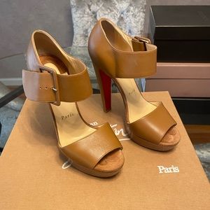 Louboutin tan stacked high heeled sandals